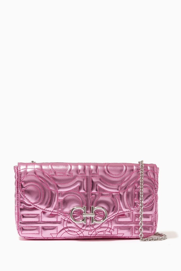 

Gancini Chain Wallet Bag in Quilted Metallic Leather, Pink