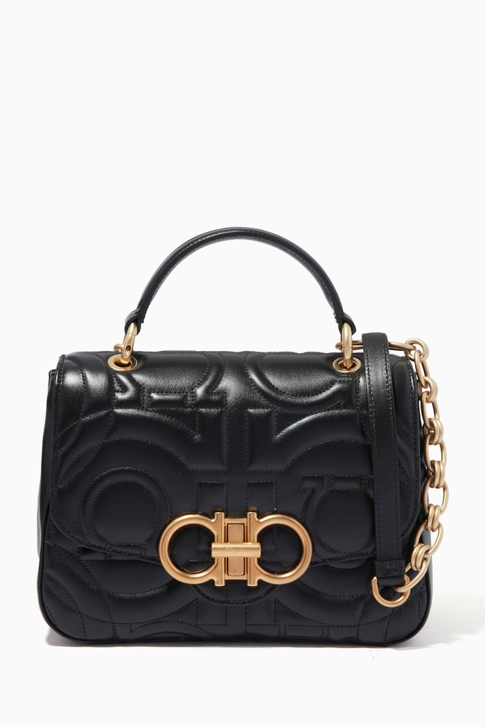 

Gancini Quilted Handbag in Leather, Black