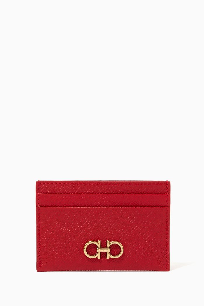 

Gancini Card Holder in Hammered Calfskin, Orange