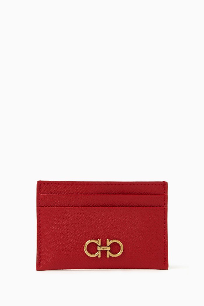 Gancini Card Holder in Grained Leather, Red