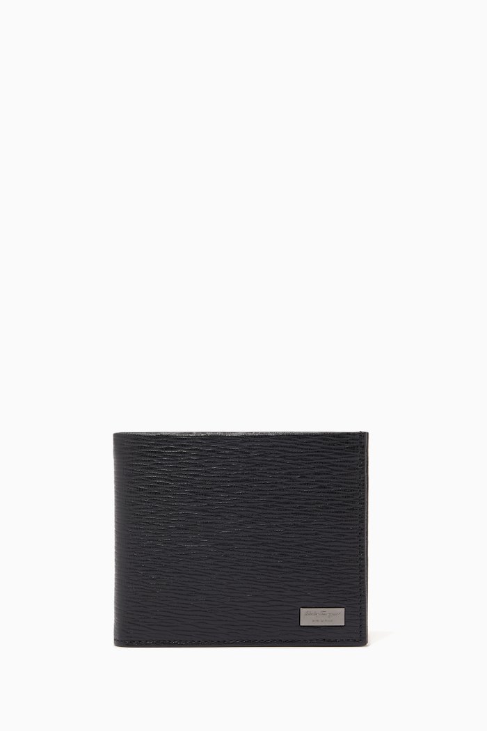 

Logo Plaque Wallet in Hammered Calf Leather, Black