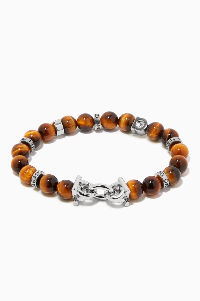 

Gancini Beaded Bracelet in Tiger Eye Stones, Brown