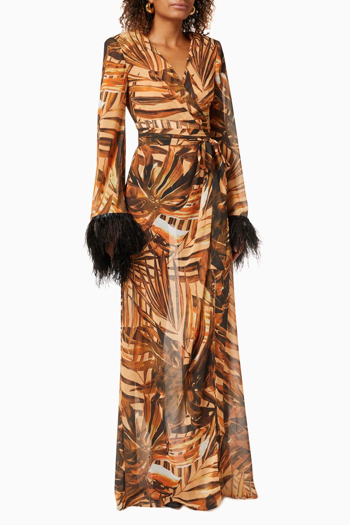 

Kenya Kimono Dress in Printed Silk with Ostrich Feathers, Brown