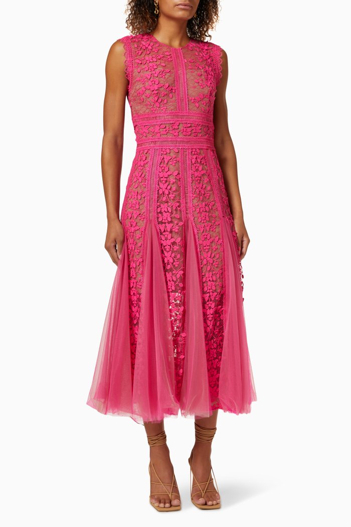 

Megan Midi Dress in Embroidered Mesh, Pink