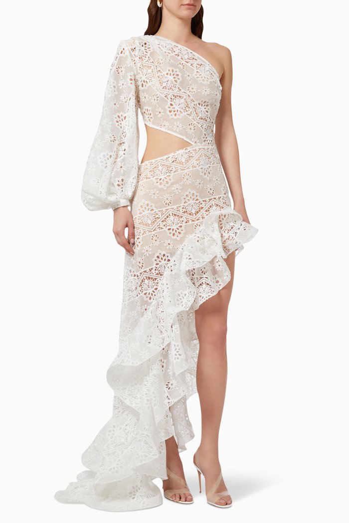 

Adele One Sleeve Gown in Guipure Lace, White