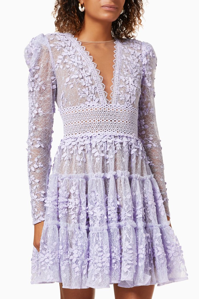 Megan Mini Dress in Embroidered Mesh, Purple