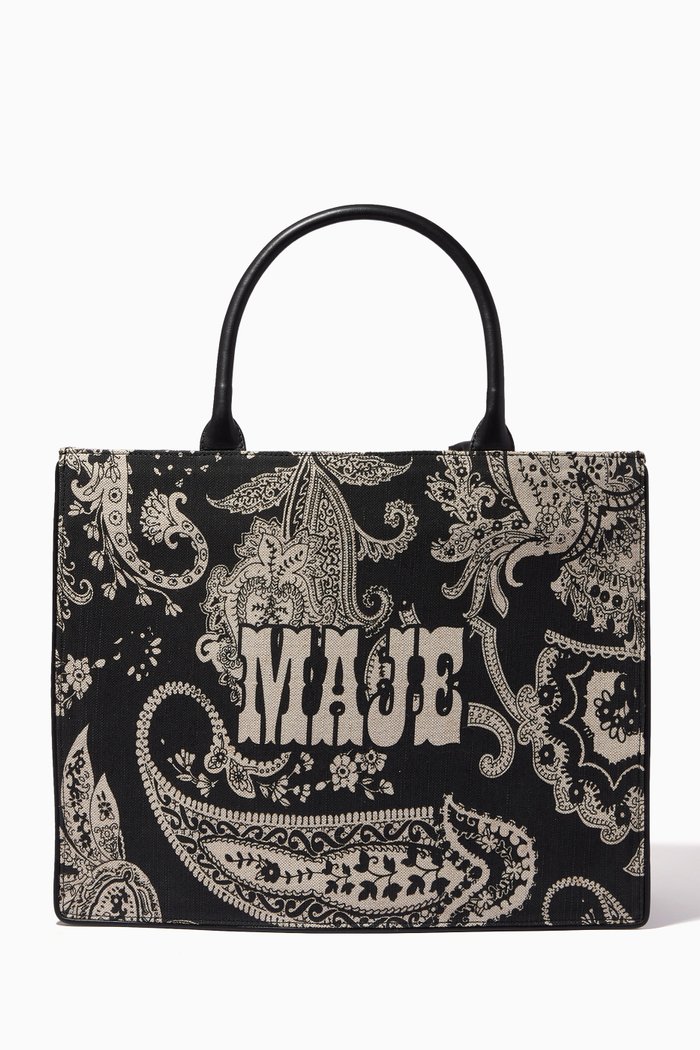 

Paisley Print Tote Bag in Jute Canvas, Black
