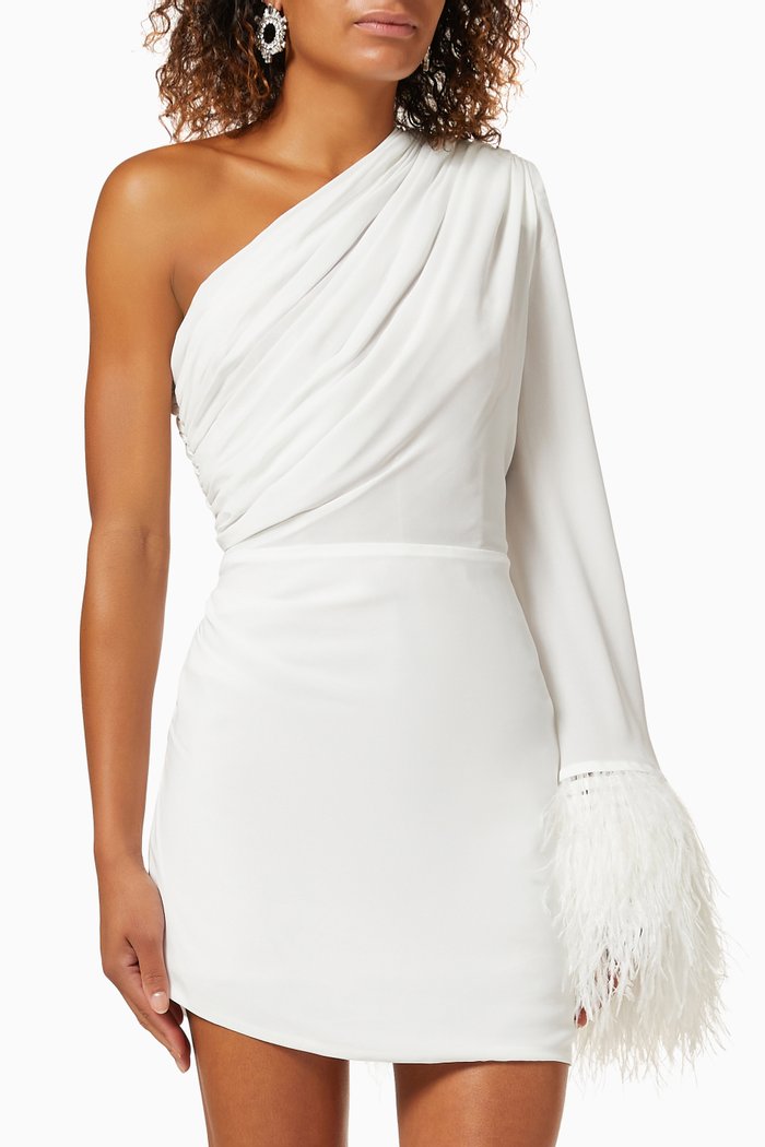 

Fire Mini Dress in Silk with Ostrich Feathers, White