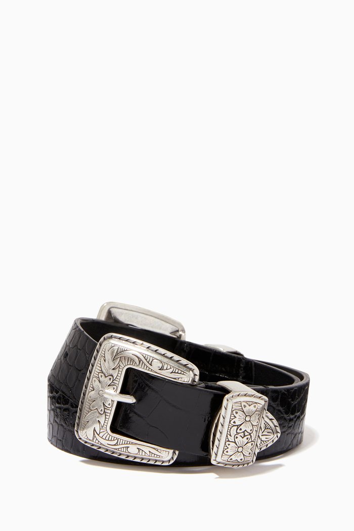

Double Buckle Belt in Croc-embossed Leather, Black