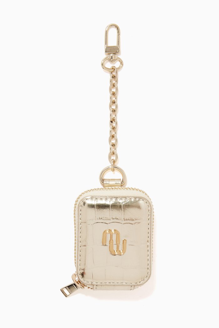 

Double Logo Earphone Case in Embossed Leather, Gold