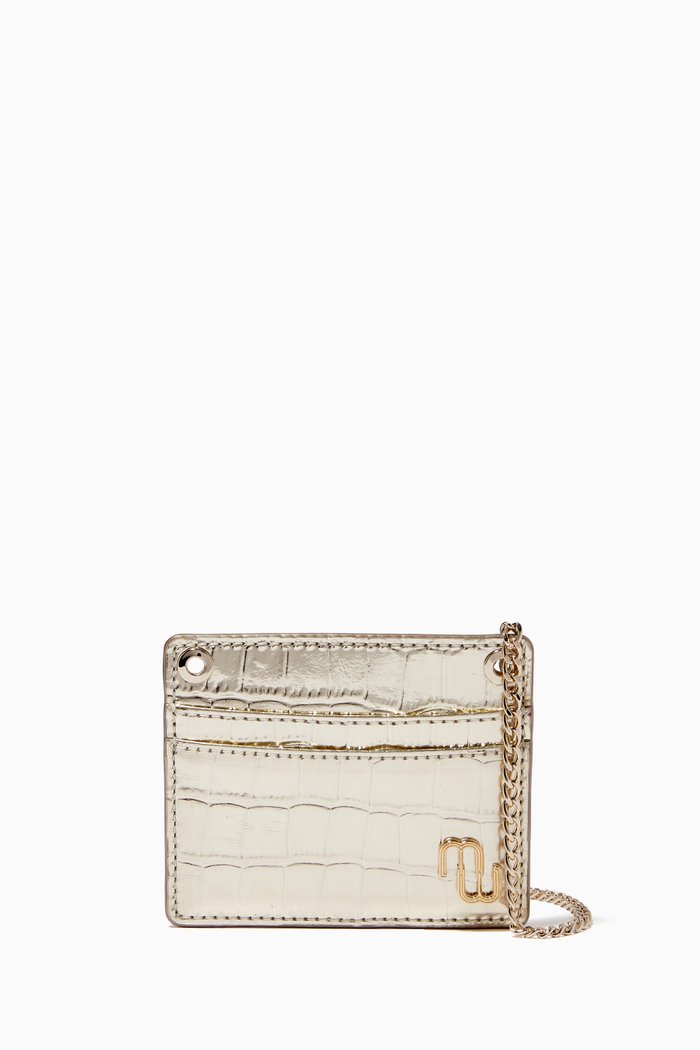 

Double Logo Chain Card Holder in Embossed Leather, Gold