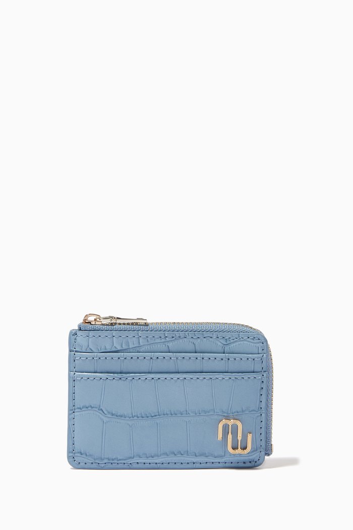 

Zip-up Card Holder in Croc-embossed Leather, Blue