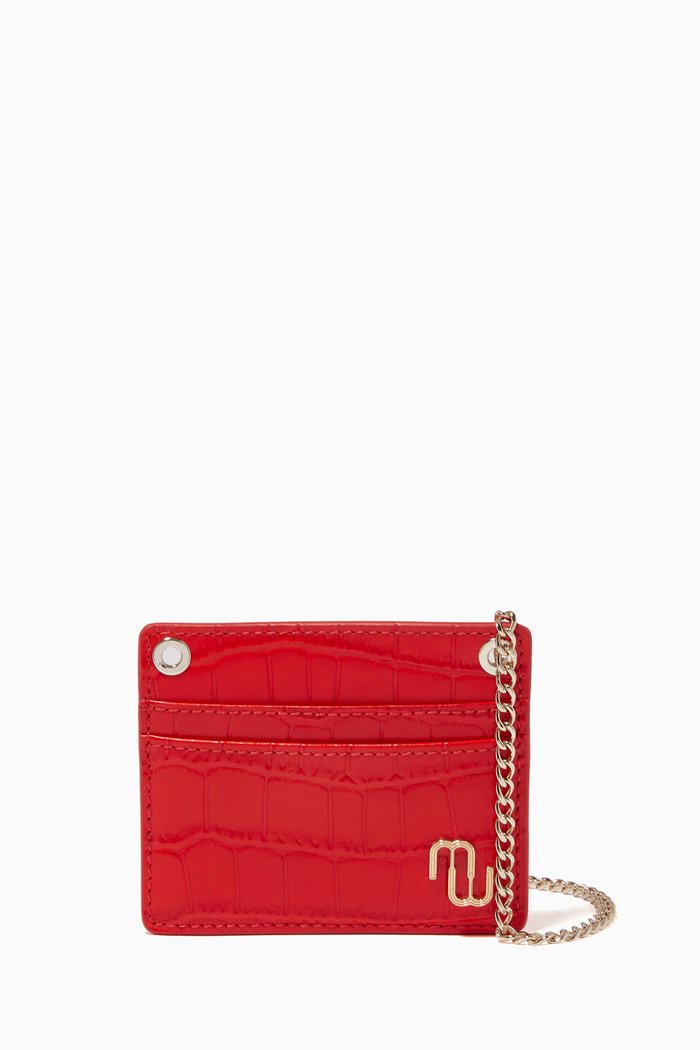

Double Logo Chain Card Holder in Embossed Leather, Red