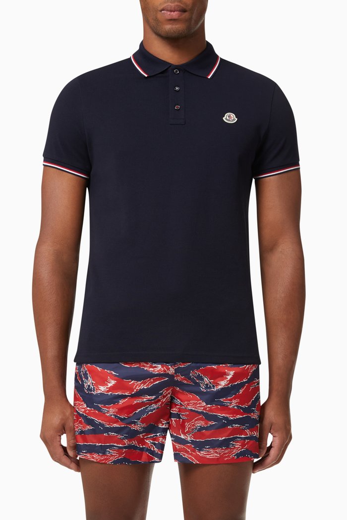 

Tipped Polo Shirt in Cotton Piqué, Blue
