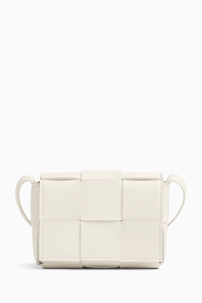 Mini Cassette Crossbody Bag in Intreccio Nappa, White