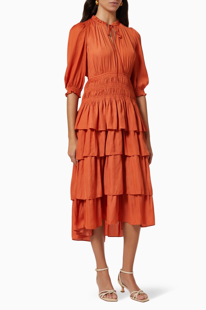 Ruffled Midi Dress in Satin, Orange