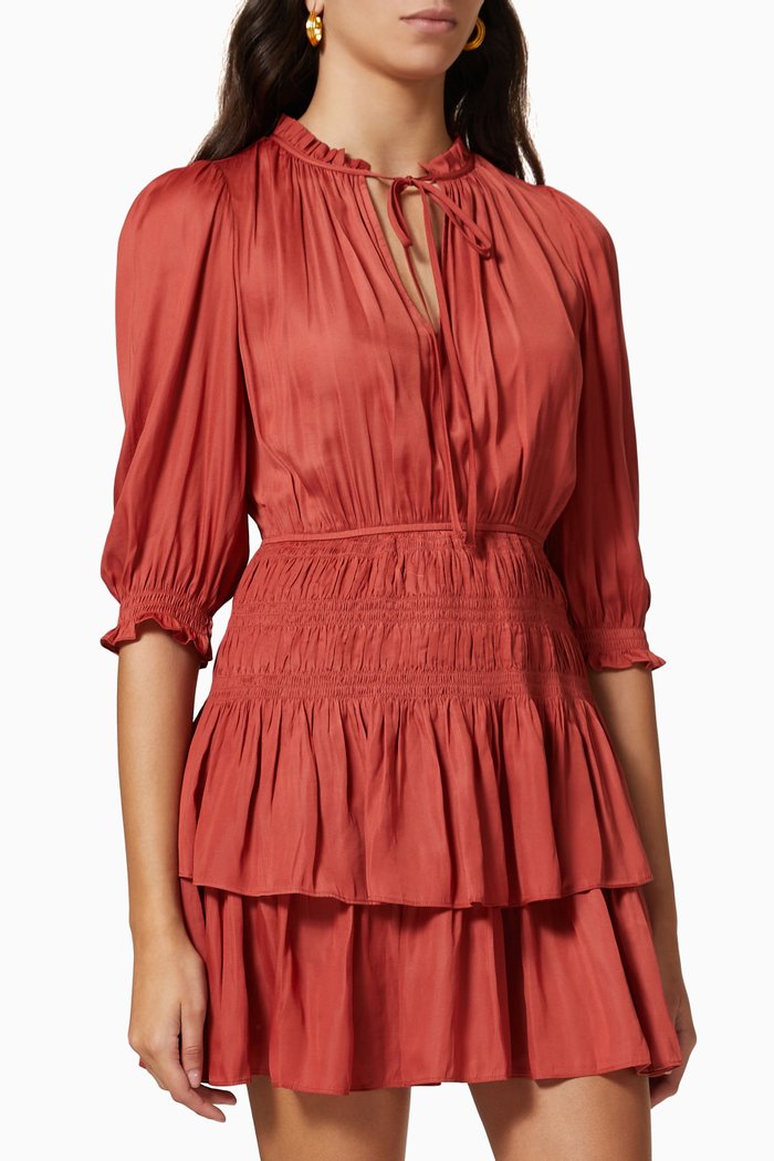 

Ruffled Mini Dress in Satin, Red