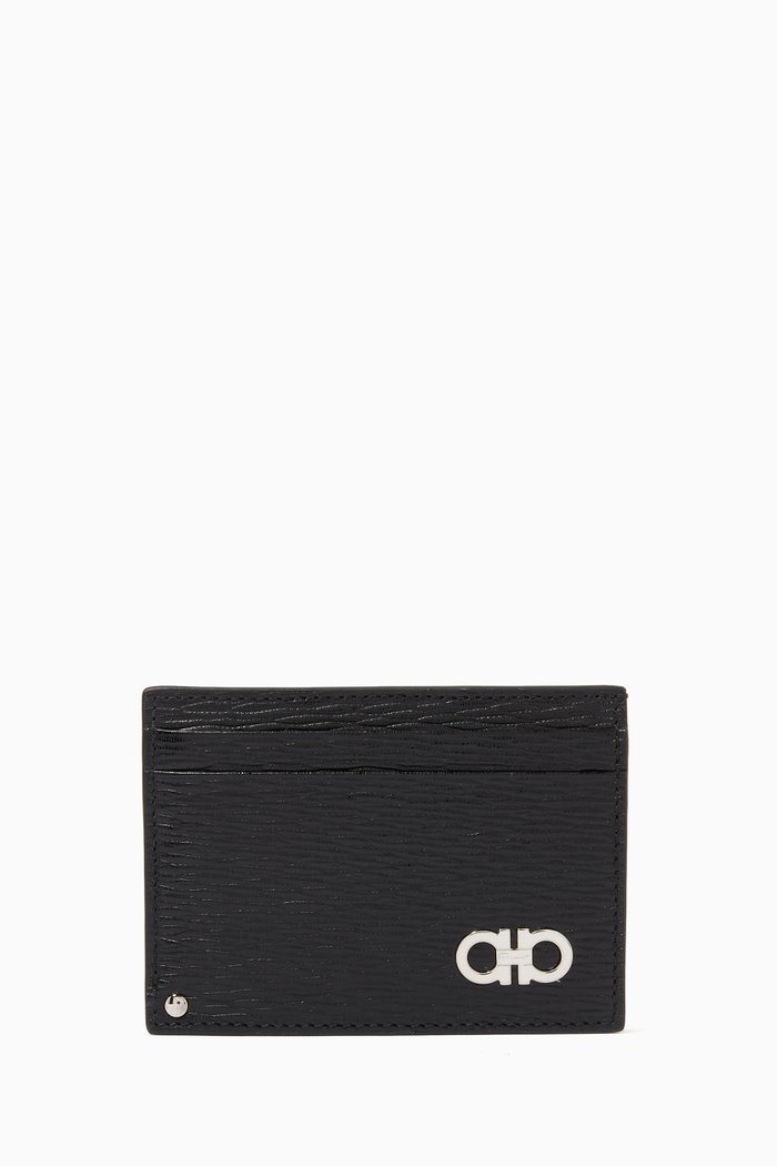 Gancini Card Holder in Hammered Calf Leather, Black