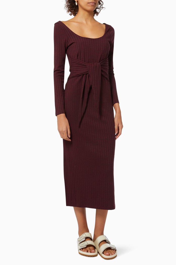 

Nora Waist Tie Midi Dress in Ribbed Jersey, Burgundy