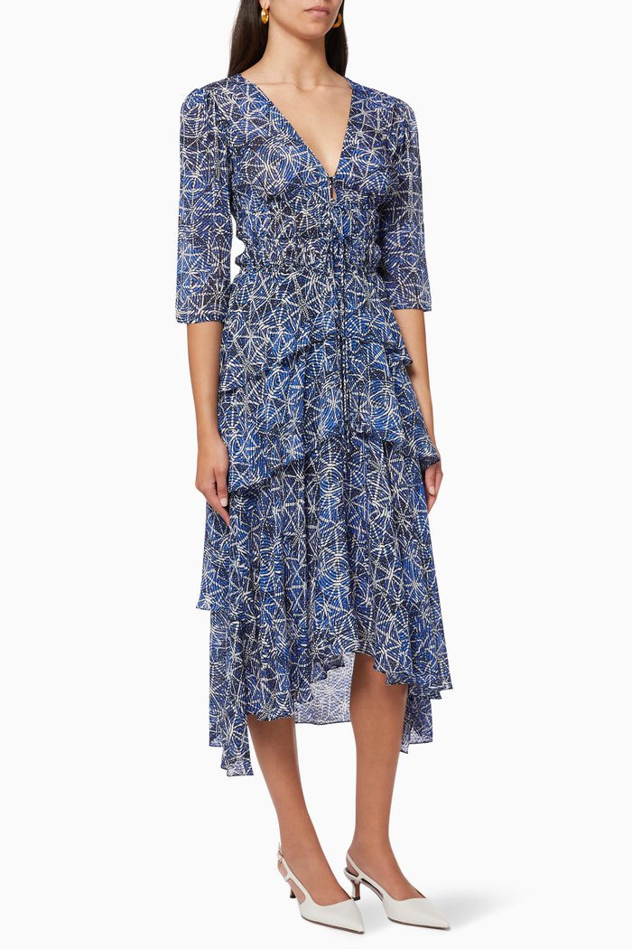 

Rufflani Floral Dress in Crepe, Blue