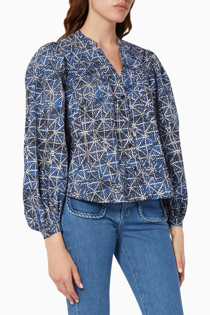 

Printed Blouse in Cotton Voile, Blue