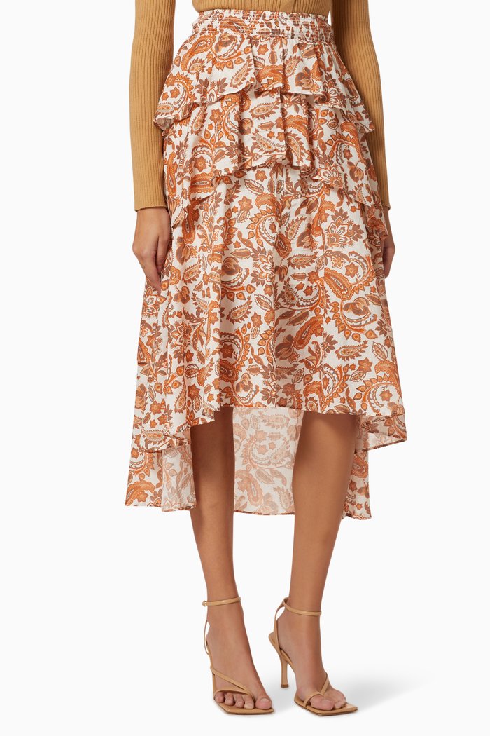 Asymmetric Midi Skirt in Cotton Voile, Orange