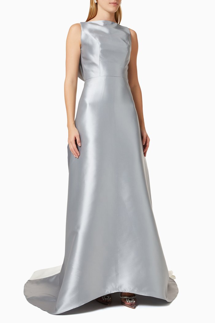 Panelled Cowl Neck Dress in Satin, Blue