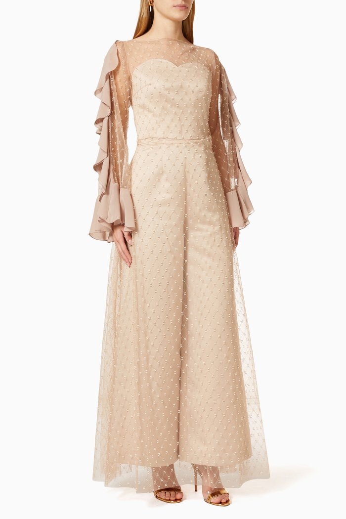 

Ruffle Sleeve Jumpsuit in Tulle, Neutral