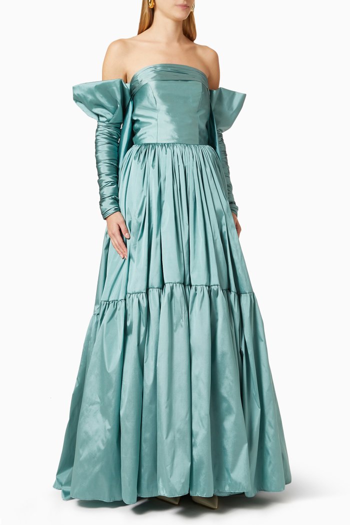 

Layered Off-shoulder Gown in Taffeta Silk, Blue
