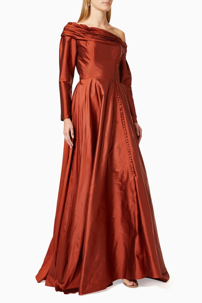 

Asymmetric Flared Gown in Taffeta, Red