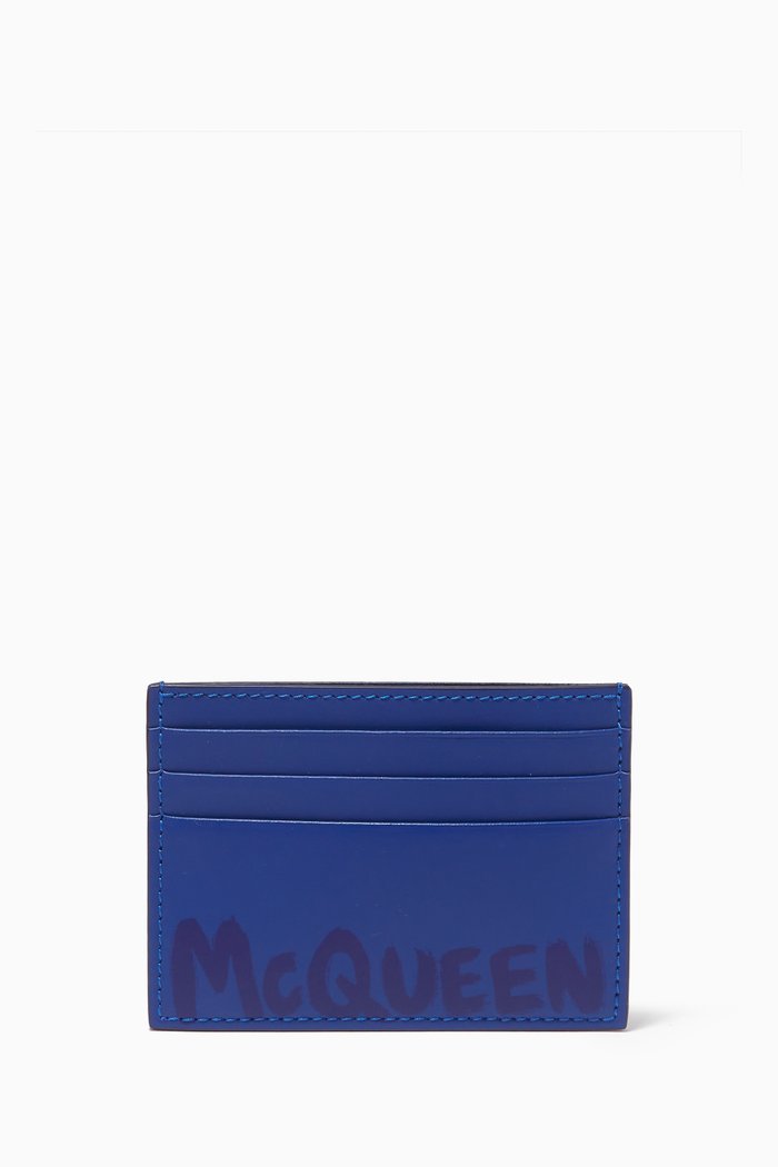 

McQueen Graffiti Card Holder in Leather, Blue
