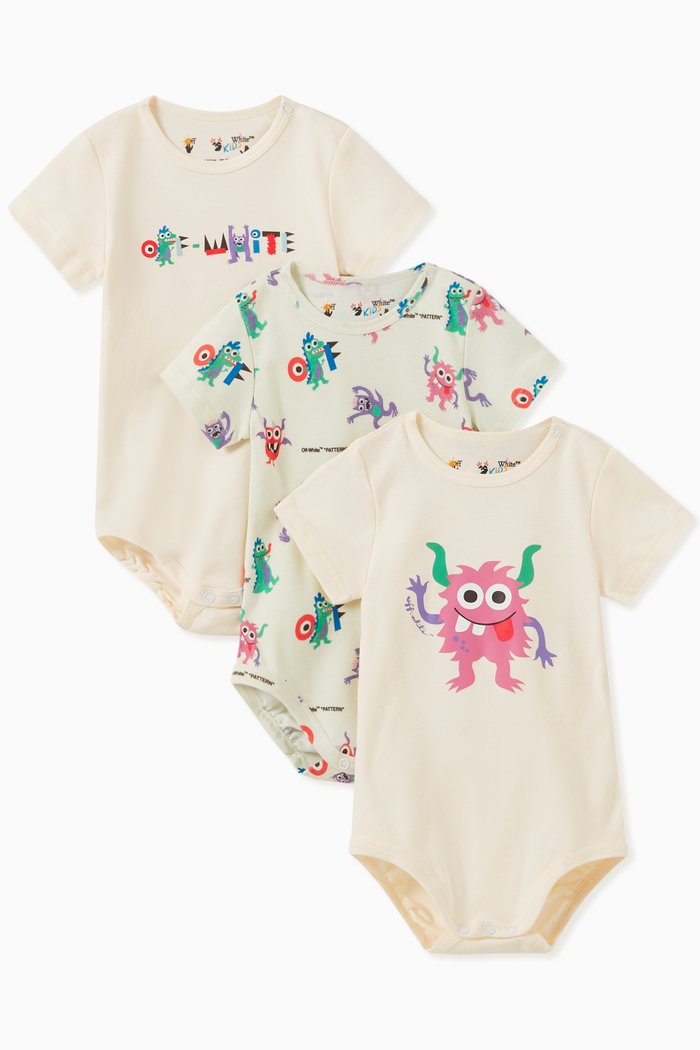 

3-Pack Monster Print Bodysuits in Cotton, White