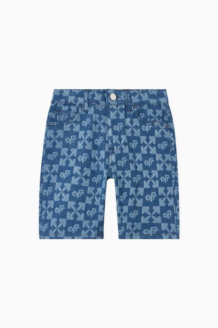 Monogram Logo Print Shorts in Denim, Blue