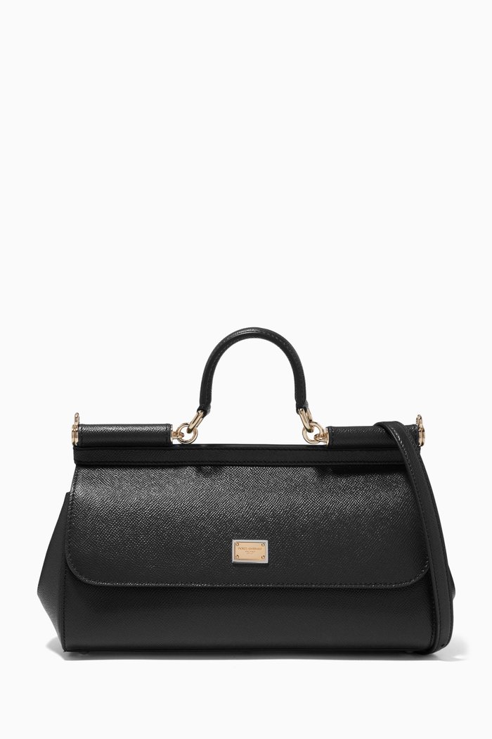 

Sicily Long Medium Top Handle Bag in Leather, Black