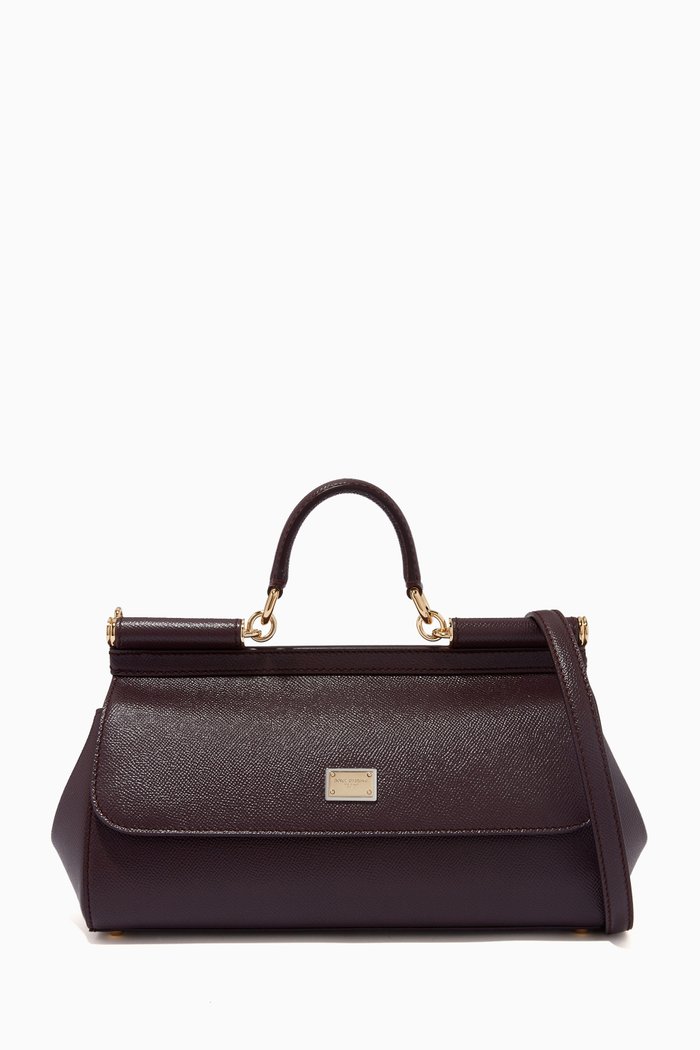 

Sicily Long Medium Top Handle Bag in Leather, Burgundy