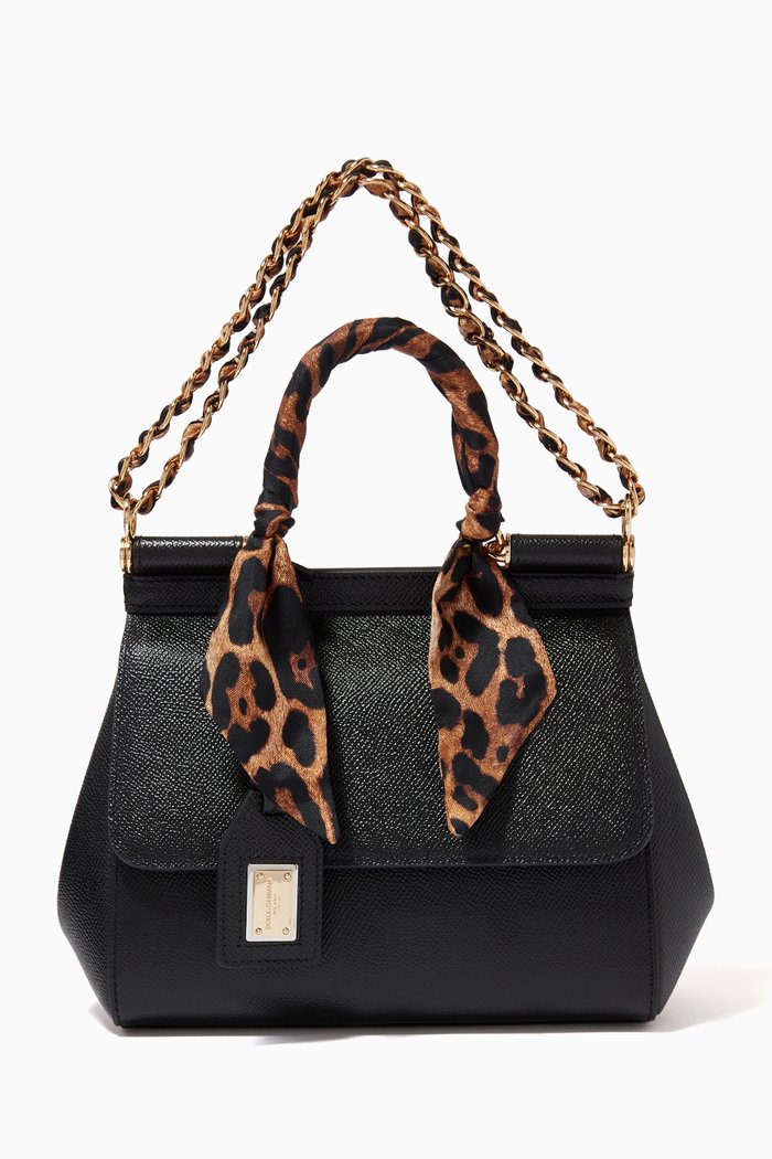 

Sicily Top Handle Bag with Scarf & Chain in Leather, Black