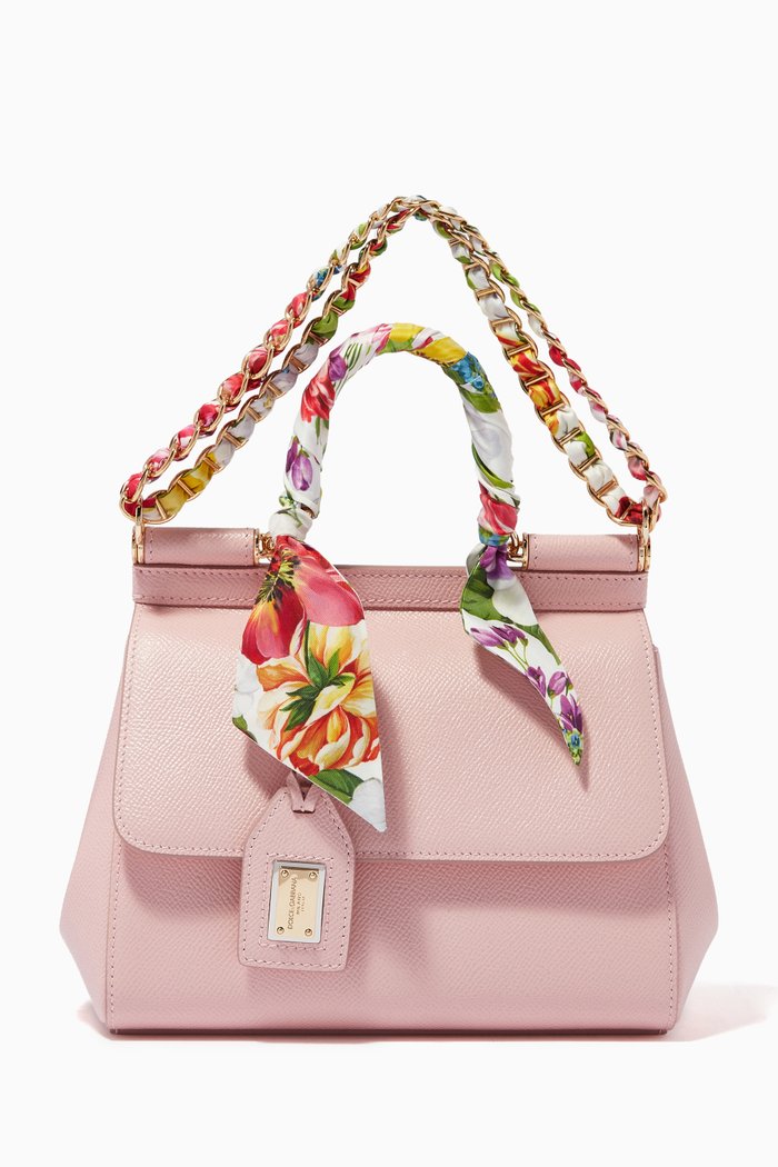 

Small Sicily Top Handle Bag with Scarf & Chain in Dauphine Leather, Pink