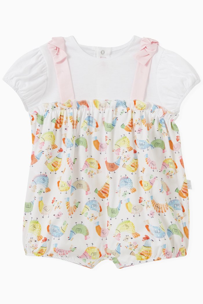 Bird Print Romper in Cotton, Multicolour
