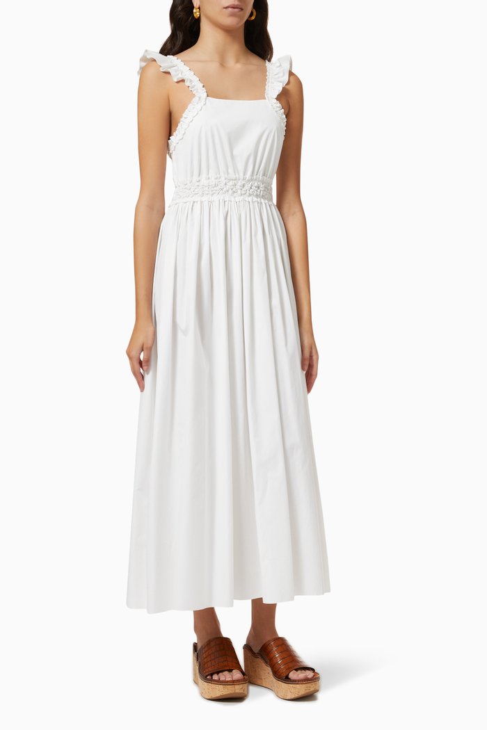 

Ruffled Midi Dress in Cotton Poplin, White