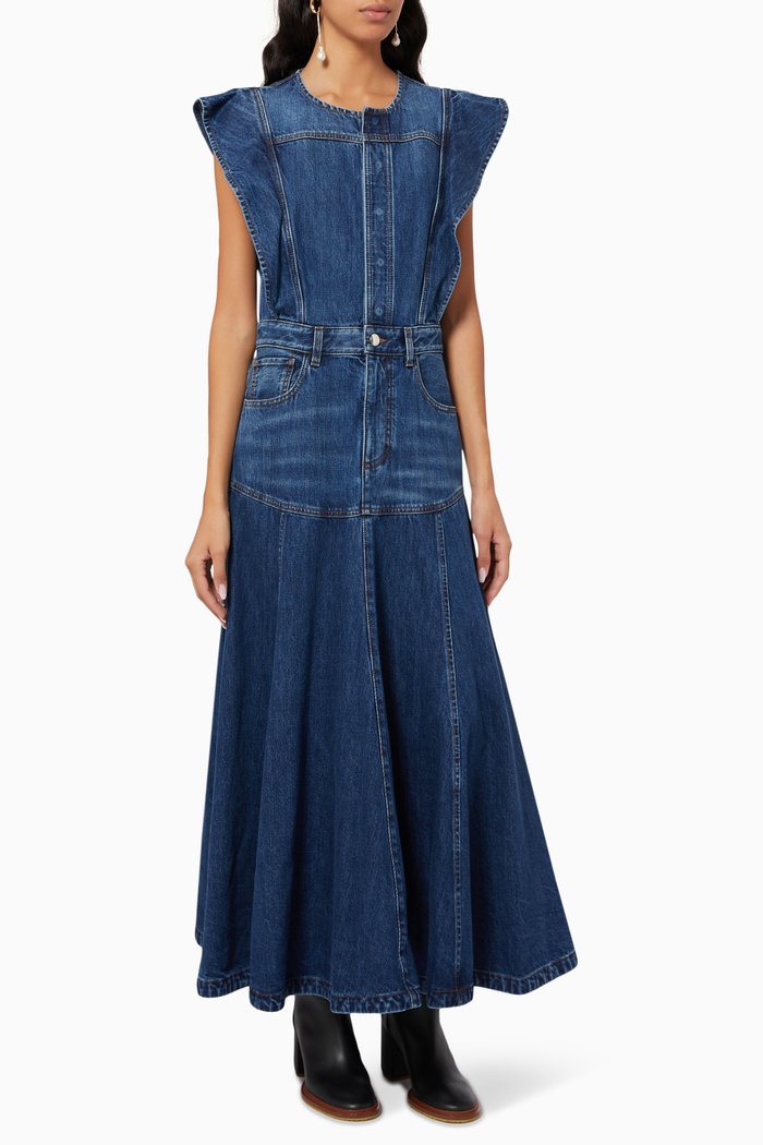 

Flared Midi Dress in Organic Cotton Denim, Blue
