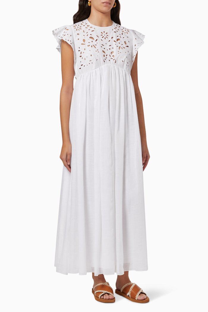 

Ruffled Empire Broderie Anglaise Dress in Cotton Poplin, White