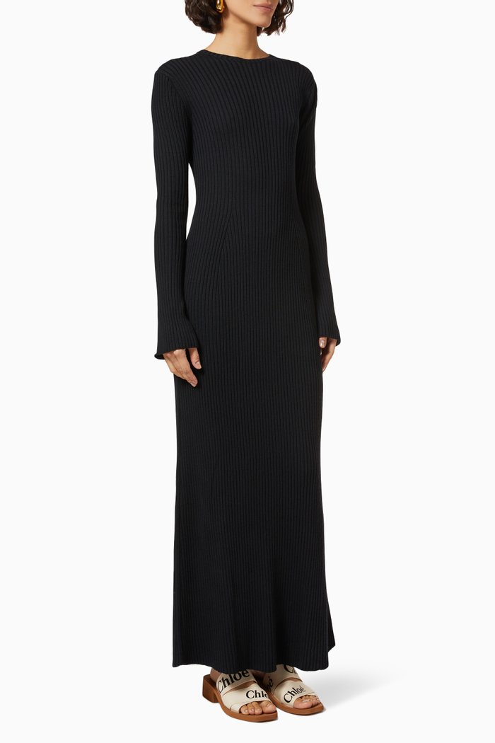 

Long Fitted Dress in Wool Rib Knit, Black