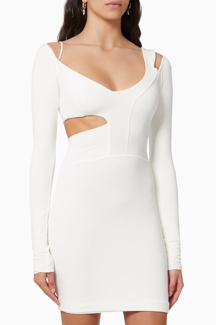 

Cut-out Long Sleeve Dress in Ribbed Knit, Neutral