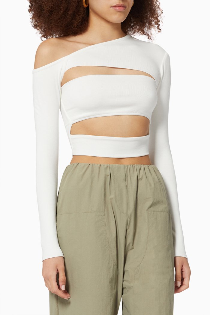 

Long Sleeve Bandage Neck Top in Ribbed Knit, Neutral