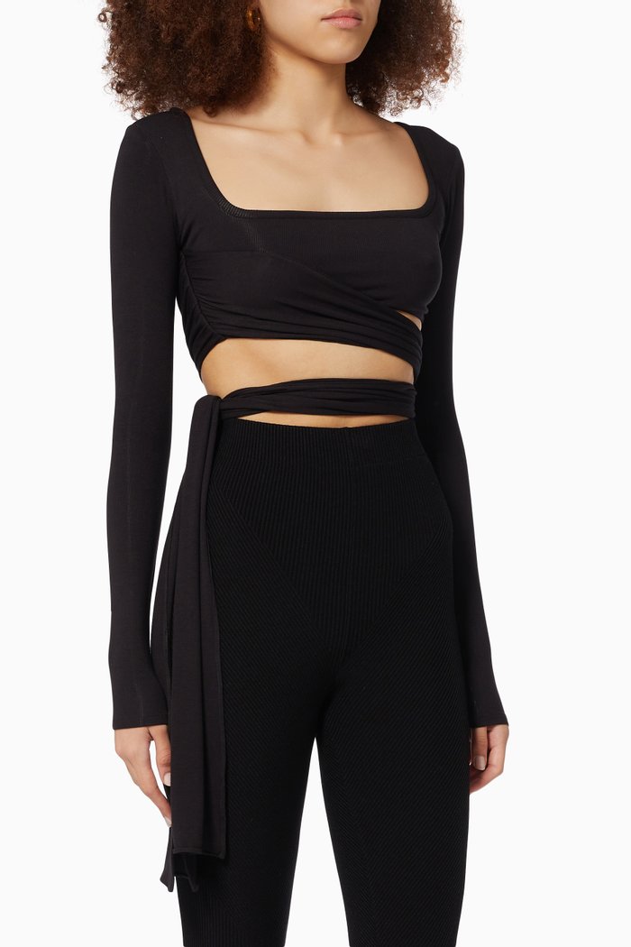 

Long Sleeve Draped Tie Top in Ribbed Knit, Black