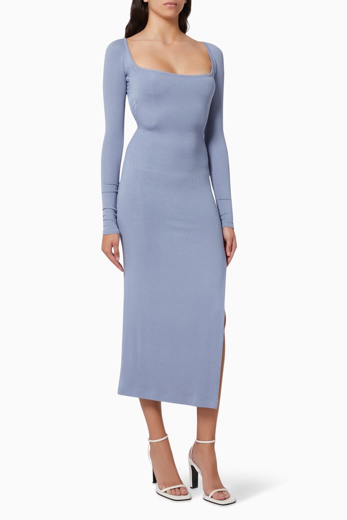 

Long Sleeve Dress in Ribbed Knit, Blue