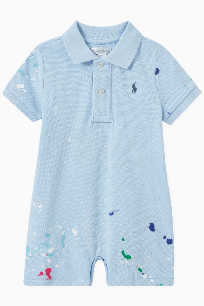 

Paint Splatter Polo Romper in Cotton Piqué, Blue