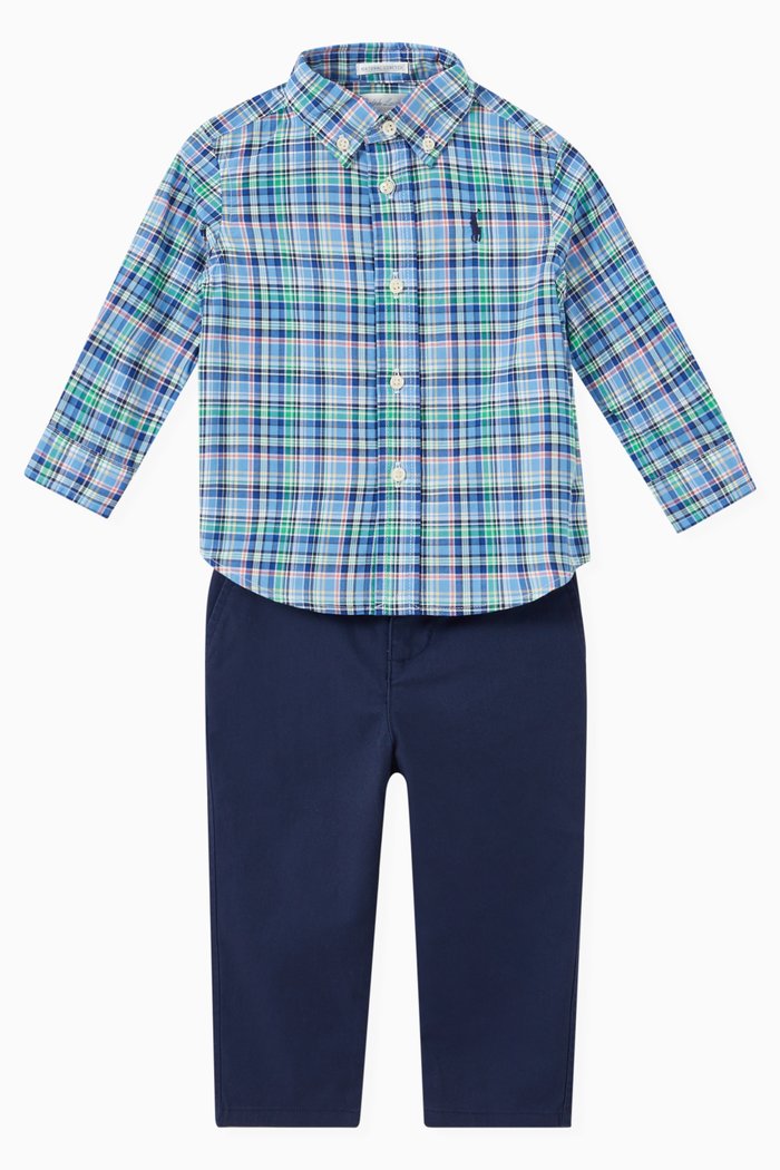 

Checkered Shirt & Trousers Set in Cotton, Blue