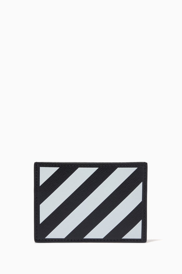 

Diagonal Stripe Card Holder in Leather, Black