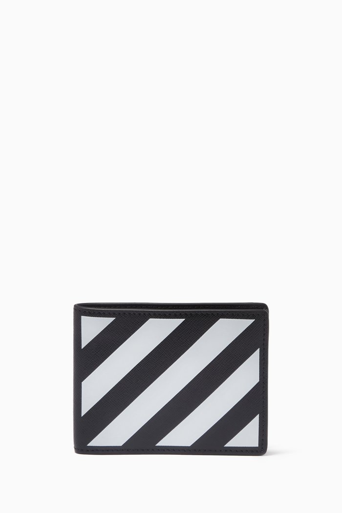 

Diagonal Stripe Slim Bi-fold Wallet in Leather, Black